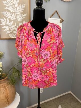 Ramy Brook pink floral boho blouse tie neck flowy top